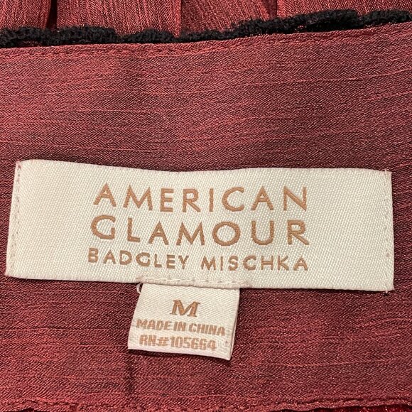 NEW, AMERICAN GLAMOUR Babydoll Short Sleeve Lace Trim Flowy Blouse, Burgundy - M - Picture 10 of 12
